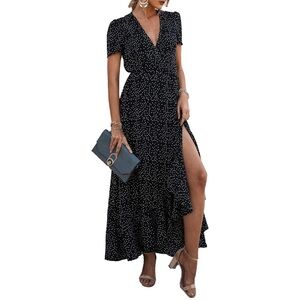 Bohemian Long Wrap Dress Tie Waist Flowy Black Dot Maxi Vintage Style size Small